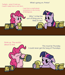 Size: 2582x3000 | Tagged: safe, artist:the-skullivan, derpibooru import, pinkie pie, twilight sparkle, earth pony, pony, arthur dent, cider, comic, ford prefect, hitchhiker's guide to the galaxy, mug