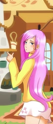 Size: 917x2126 | Tagged: safe, artist:albablue, fluttershy, clothes, humanized, skirt, solo, sweater, sweatershy