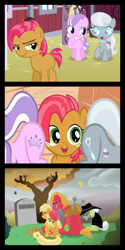 Size: 650x1300 | Tagged: safe, edit, edited screencap, screencap, apple bloom, applejack, babs seed, diamond tiara, granny smith, silver spoon, earth pony, pony, one bad apple, comic, crying, gravestone, how babs died, implied death, meme