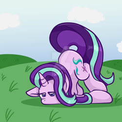 Size: 1024x1024 | Tagged: safe, artist:yoshimarsart, starlight glimmer, pony, unicorn, cloud, face down ass up, faceplant, lidded eyes, obtrusive watermark, solo, tripping, unamused, watermark