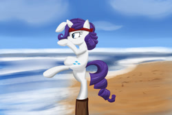 Size: 1620x1080 | Tagged: safe, artist:lomeo, rarity, pony, unicorn, beach, crane stance, headband, karate kid, parody, solo