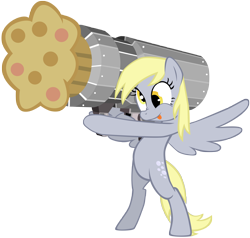 Size: 6055x5765 | Tagged: source needed, useless source url, safe, artist:maximillianveers, derpy hooves, pony, absurd resolution, bipedal, cannon, cannon ponies, muffin, muffin cannon, muffin launcher, simple background, tongue out, transparent background, vector