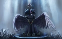 Size: 1340x834 | Tagged: safe, artist:raikoh, derpibooru import, twilight sparkle, twilight sparkle (alicorn), alicorn, pony, crepuscular rays, dark, female, looking at you, mare, princess shoes, realistic, sitting, slit eyes, solo, spread wings, tyrant sparkle, wallpaper, wings