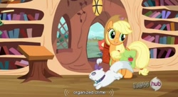 Size: 848x465 | Tagged: safe, screencap, applejack, opalescence, earth pony, pony, just for sidekicks, hub logo, youtube caption