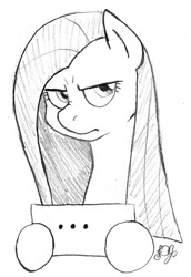 Size: 1030x1500 | Tagged: source needed, safe, artist:dj-black-n-white, pinkie pie, earth pony, pony, ..., annoyed, grumpy, monochrome, pencil drawing, pinkamena diane pie, sign, sketch, solo, traditional art