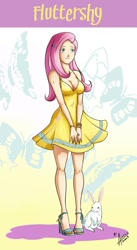 Size: 612x1120 | Tagged: safe, artist:accessworld, artist:darkpaladin, edit, angel bunny, fluttershy, breasts, cleavage, female, humanized, solo