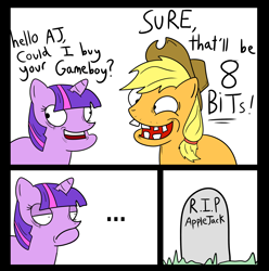 Size: 2404x2428 | Tagged: safe, artist:shyjack, derpibooru import, applejack, twilight sparkle, earth pony, pony, ..., badlydrawnmlp, comic, death, game boy, grave, pun, retarded