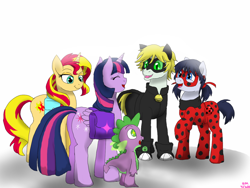 Size: 1024x770 | Tagged: safe, artist:fallenangel5414, spike, sunset shimmer, twilight sparkle, twilight sparkle (alicorn), alicorn, dragon, pony, unicorn, chat noir, france, miraculous ladybug, paris, ponified