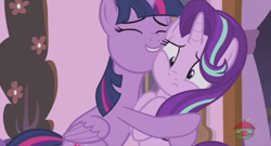 Size: 1871x1012 | Tagged: safe, screencap, starlight glimmer, twilight sparkle, twilight sparkle (alicorn), alicorn, pony, a royal problem, hug, nuzzling, smiling