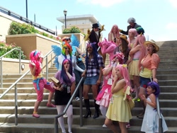 Size: 2048x1536 | Tagged: artist needed, safe, derpibooru import, applejack, discord, fluttershy, pinkie pie, rainbow dash, rarity, twilight sparkle, human, 2013, connecticon, convention, cosplay, group photo, irl, irl human, mane six, photo, stairs, target demographic