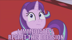 Size: 1366x768 | Tagged: safe, edit, edited screencap, screencap, starlight glimmer, pony, a royal problem, i immediately regret this, looking up, scared, solo