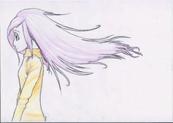 Size: 7131x5088 | Tagged: safe, artist:hanaatori, fluttershy, absurd resolution, clothes, humanized, profile, solo, sweater, sweatershy, traditional art, windswept hair