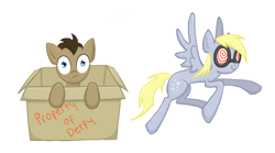 Size: 1350x750 | Tagged: safe, artist:thecheeseburger, derpy hooves, doctor whooves, pegasus, pony, box, cardboard box, female, glasses, mare