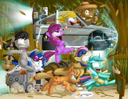 Size: 2200x1700 | Tagged: safe, artist:berrypawnch, applejack, berry punch, berryshine, bon bon, derpy hooves, dj pon-3, doctor whooves, lyra heartstrings, octavia melody, sweetie drops, vinyl scratch, earth pony, pegasus, pony, back to the future, background pony, background pony applejack, background six, barrel, bass cannon, bubble, car, carrot on a stick, cello, crazy face, crossover, delorean, drool, female, fence, grass, hand, hand fetish, hat, leaves, lyra doing lyra things, mare, mr.fusion, musical instrument, ponies riding ponies, ponies riding ponies riding bass cannons, race, running, running of the leaves, sign, sombrero, sonic screwdriver, time machine, tree