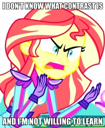 Size: 606x741 | Tagged: safe, edit, edited screencap, screencap, sunset shimmer, equestria girls, friendship games, angry, caption, contrast, image macro, meme, solo, sunset is not willing to learn