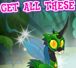 Size: 312x277 | Tagged: safe, artist:andypriceart, idw, queen chrysalis, changeling, changeling queen, fiendship is magic, the cutie re-mark, spoiler:comic, spoiler:comicfiendshipismagic5, advertisement, armor, changeling armor, comic, female, gameloft, idw showified, implied multeity, limited-time story, looking at you, meme, my little pony game, my little pony logo, official, orb, solo, troy, wow! glimmer