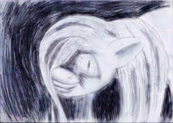 Size: 7008x4992 | Tagged: safe, artist:hanaatori, fluttershy, pegasus, pony, absurd resolution, bloodshot eyes, controlled scribble, creepy, creepy smile, female, looking at you, mare, monochrome, scribble drawing, scumbling, smiling, solo, traditional art