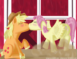 Size: 975x750 | Tagged: safe, artist:whatever4537, applejack, applejack (male), butterscotch, fluttershy, earth pony, pegasus, pony, appleshy, blushing, gay, kissing, male, rule 63, shipping