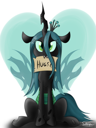 Size: 1080x1425 | Tagged: safe, artist:sadtrooper, queen chrysalis, changeling, changeling queen, bronybait, crown, cute, cutealis, eye clipping through hair, female, heart, hug request, hugs 4 bugs, hugs?, jewelry, mouth hold, quadrupedal, regalia, signature, sitting, solo