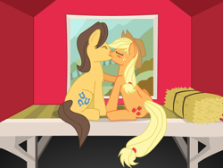 Size: 1024x768 | Tagged: safe, artist:ponyzen, applejack, caramel, earth pony, pony, carajack, female, kissing, male, shipping, straight