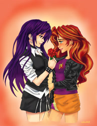 Size: 2550x3300 | Tagged: safe, artist:satou2612, sunset shimmer, oc, oc:moonlight, human, canon x oc, female, flower, humanized, lesbian, pony coloring, rose, shipping