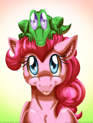 Size: 900x1200 | Tagged: safe, artist:inuhoshi-to-darkpen, gummy, pinkie pie, earth pony, pony, looking at you, tongue out