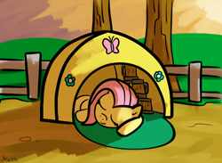 Size: 642x469 | Tagged: safe, artist:nasse, artist:tggeko, fluttershy, pegasus, pony, cider, sleeping, solo, tent