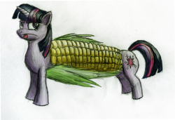 Size: 1024x699 | Tagged: safe, artist:khaomortadios, derpibooru import, twilight sparkle, twilight sparkle (alicorn), alicorn, pony, corn, pun, visual pun, wat