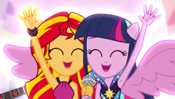 Size: 1280x720 | Tagged: safe, screencap, sunset shimmer, twilight sparkle, twilight sparkle (alicorn), alicorn, equestria girls, rainbow rocks, armpits, cute, eyes closed, happiness, happy, ponied up, raised arm, shimmerbetes, twiabetes