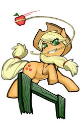 Size: 685x1040 | Tagged: safe, artist:tempest, applejack, earth pony, pony, apple, jumping, mouth hold, obligatory apple, pixiv, rope trick, simple background, solo