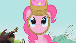 Size: 853x480 | Tagged: safe, screencap, pinkie pie, earth pony, pony, party of one, basket, basket hat, hat, solo