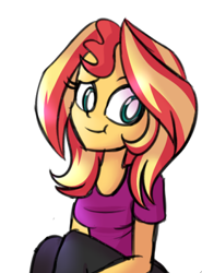 Size: 328x443 | Tagged: safe, artist:wubcakeva, sunset shimmer, equestria girls, alternate hairstyle, clothes, cute, shimmerbetes, simple background, solo, t-shirt