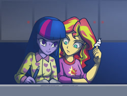 Size: 1280x960 | Tagged: safe, artist:gabbslines, sunset shimmer, twilight sparkle, equestria girls, rainbow rocks, clothes, food, pajamas, sweat, whipped cream