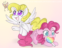 Size: 900x695 | Tagged: safe, artist:lustrous-dreams, pinkie pie, surprise, butterfly, earth pony, pony, filly, lollipop