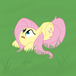 Size: 1500x1500 | Tagged: safe, artist:shovrike, fluttershy, pegasus, pony, female, frown, grass, looking up, mare, open mouth, prone, solo