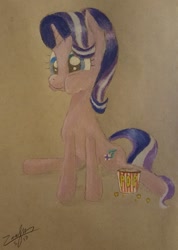 Size: 600x843 | Tagged: safe, artist:horsesnhurricanes, starlight glimmer, pony, unicorn, food, popcorn, solo, traditional art