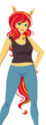 Size: 878x2378 | Tagged: safe, artist:chiweee, sunset shimmer, equestria girls, belly button, clothes, curvy, cute, eared humanization, ears, happy, humanized, leggings, open mouth, solo, tail, tailed humanization, tanktop