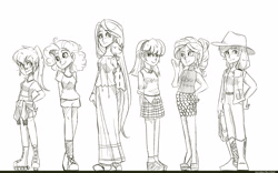 Size: 2500x1560 | Tagged: safe, artist:looji, derpibooru import, applejack, fluttershy, pinkie pie, rainbow dash, rarity, twilight sparkle, human, humanized, mane six, monochrome