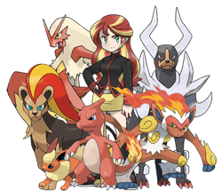 Size: 965x828 | Tagged: safe, artist:kianamai, sunset shimmer, equestria girls, blaziken, charmeleon, crossover, flareon, houndoom, infernape, pokémon, pokémon team, pyroar, style emulation