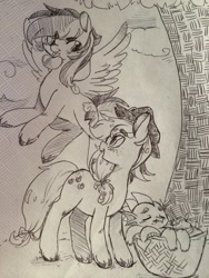 Size: 960x1280 | Tagged: safe, artist:techtechno, derpibooru import, applejack, rainbow dash, spike, dragon, earth pony, pegasus, pony, apple, monochrome, traditional art, tree