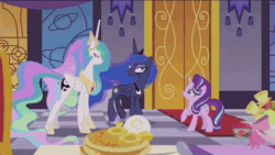 Size: 960x540 | Tagged: safe, edit, edited screencap, screencap, princess celestia, princess luna, starlight glimmer, alicorn, pony, a royal problem, animated, bad joke, bags under eyes, banner, canterlot castle, caption, food, fruit, gif, glare, grin, looking up, oops, pancakes, pineapple, rug, sheepish, sheepish grin, smiling, squint, stained glass, swapped cutie marks, talking, text, treehouse logo, unamused, wat