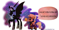 Size: 5000x2586 | Tagged: safe, artist:drpancakees, derpy hooves, nightmare moon, pegasus, pony, absurd resolution, clothes, cute, female, mare, muffin, plate, shadowbolts, speech bubble