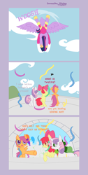 Size: 2989x5940 | Tagged: safe, artist:frangiponii, derpibooru import, apple bloom, scootaloo, sweetie belle, twilight sparkle, twilight sparkle (alicorn), alicorn, pony, comic, cutie mark crusaders, female, mare, scootaloo can't fly