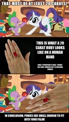 Size: 539x950 | Tagged: safe, edit, edited screencap, screencap, rarity, spike, dragon, pony, unicorn, secret of my excess, 20 carat ruby, female, fire ruby, gem, hand, headcanon, mare, ring, ruby, size chart, size comparison