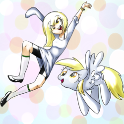 Size: 1024x1024 | Tagged: safe, artist:cosmicponye, derpy hooves, human, pegasus, pony, abstract background, bracelet, clothes, cute, female, flying, happy, human ponidox, humanized, jewelry, jumping, mare, open mouth, oversized clothes, oversized shirt, shirt, smiling, spread wings, wings