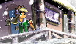 Size: 1300x743 | Tagged: safe, artist:johnjoseco, applejack, earth pony, pony, boots, clothes, coat, earmuffs, female, mare, shoes, snow, snowfall, solo, train station, windswept mane, winter outfit