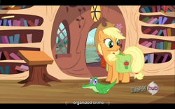 Size: 1024x640 | Tagged: safe, screencap, applejack, gummy, earth pony, pony, just for sidekicks, youtube caption