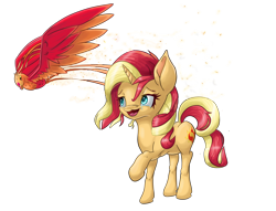 Size: 4716x3597 | Tagged: safe, artist:itresad, philomena, sunset shimmer, pony, unicorn, absurd resolution, crying, happy, raised hoof, reunion, simple background, tears of joy, transparent background