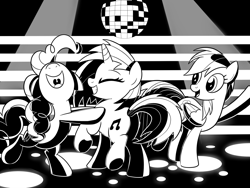 Size: 2000x1500 | Tagged: safe, artist:drawponies, derpibooru import, dj pon-3, pinkie pie, rainbow dash, vinyl scratch, earth pony, pegasus, pony, unicorn, disco, monochrome, shading, sketch