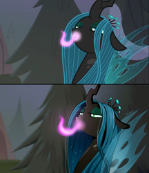 Size: 1200x1390 | Tagged: safe, artist:skyeypony, screencap, queen chrysalis, changeling, changeling queen, frenemies (episode), bust, changeling feeding, crown, female, jewelry, lidded eyes, love, magic, portrait, redraw, regalia, scene interpretation, solo